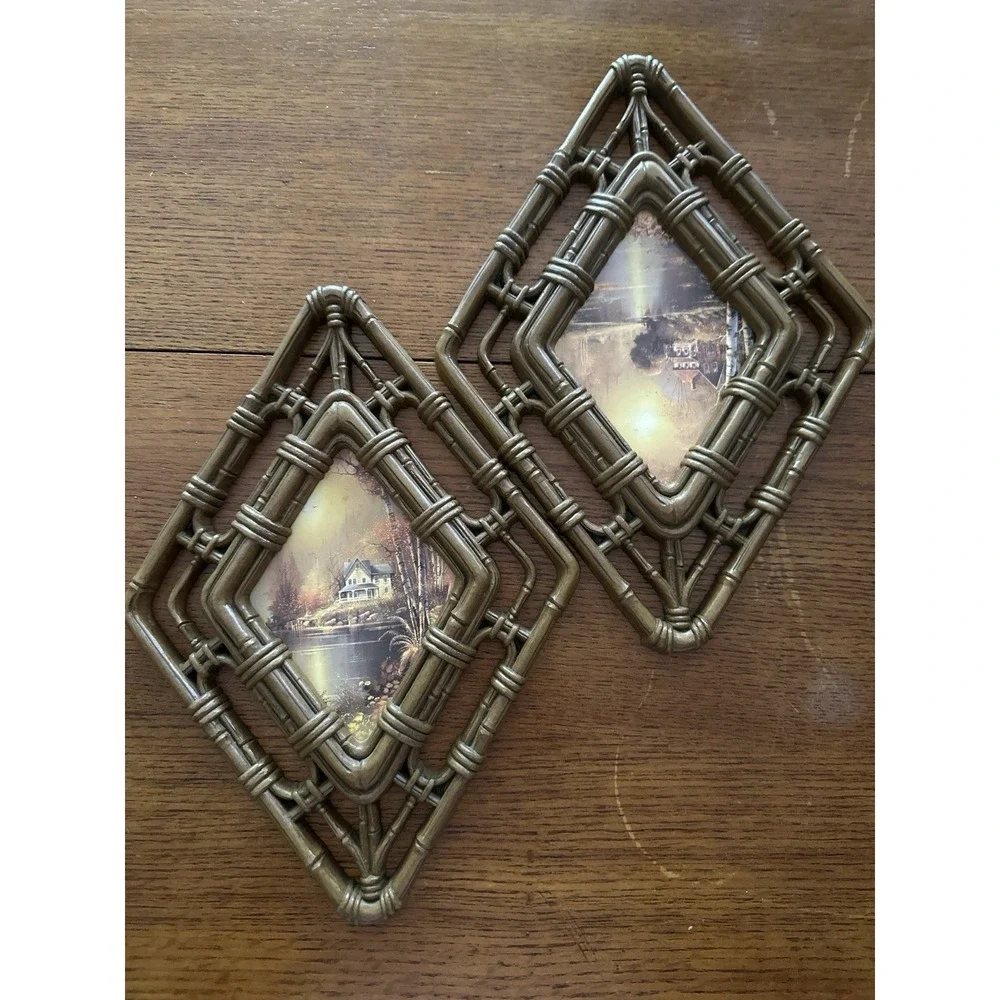 Vintage Homco 1983 Faux Bamboo Diamond Wall Frames Cottagecore Set of 2 EUC